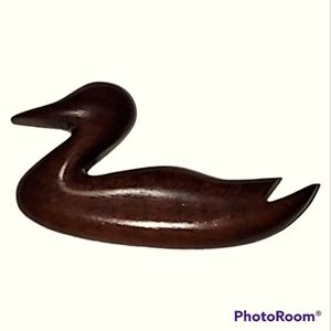 Hand Crafted Wooden Duck Brooch Signed RF Dark Wood Clear Coated